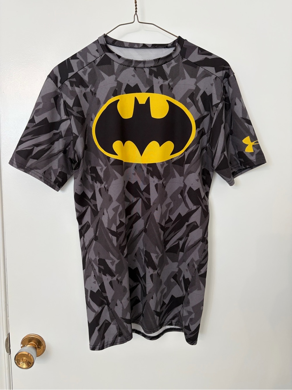 Under Armour Gray Camo Short Sleeve Tee with Yellow Batman Emblem